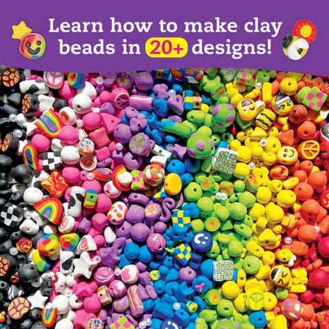 An assortment of vibrant handmade beads crafted from polymer clay, featuring diverse shapes and designs, meticulously arranged in a rainbow gradient. The text above the beads reads, "Learn how to make clay beads in 20+ designs!" accompanied by cheerful icons such as smiley faces and fruit symbols. This captivating display is brought to you by *Klutz The Ultimate Clay Bead Book* from KLUTZ.
