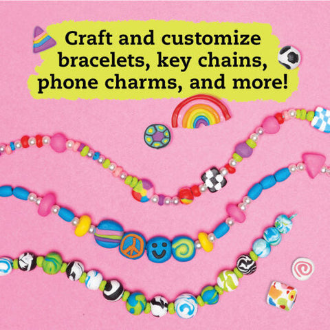 A vibrant display showcases the assortment of handcrafted bracelets against a pink background. These bracelets from "Klutz The Ultimate Clay Bead Book" by KLUTZ feature polymer clay beads shaped like peace signs, smiley faces, soccer balls, and marbled patterns, allowing for unique customization. A yellow text box at the top invites creativity: "Craft and customize bracelets, key chains, phone charms, and more!