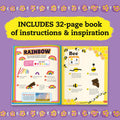 An open book on a purple background showcases pages titled "Rainbow" and "Bee" with instructions for creating polymer clay beads and illustrations. The title above reads, "**KLUTZ The Ultimate Clay Bead Book** INCLUDES 32-page book of instructions & inspiration," with paw prints serving as decorative borders.