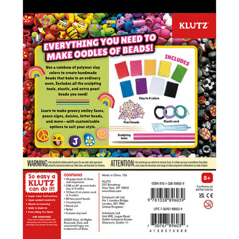The back cover of the **Klutz The Ultimate Clay Bead Book** box, from **KLUTZ**, showcases an array of colorful beads and crafting materials. Featuring a vibrant display of handmade beads, the kit includes polymer clay in 9 colors, pearl beads, elastic cord, and sculpting tools. It is labeled for ages 8 and up.