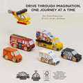 Set of toy vehicles including a tow truck, fire truck, ambulance, and police car on a light background with text and logos.