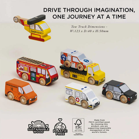 Set of toy vehicles including a tow truck, fire truck, ambulance, and police car on a light background with text and logos.