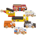 Set of toy emergency vehicles including a fire truck, ambulance, police car, and helicopter on a white background.
