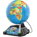 The Leapfrog Magic Adventures Globe by Leapfrog is a vibrant interactive globe showcasing geographic regions and countries, set on a sleek black base. The base includes multiple control buttons and a touch screen, with an attached stylus for selecting locations on this educational toy.
