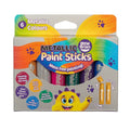 The image showcases a pack of "Little Brian Paint Sticks Metallic - 6 pack," featuring six metallic colors. The packaging highlights key features such as child-friendly, non-toxic paints that offer mess-free painting, quick drying in less than 60 seconds without the need for brushes or water for vibrant, solid paint.