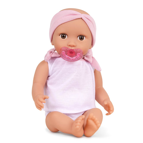 Lullababy doll with pink outfit and pacifier on a white background
