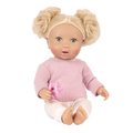 Lullababy 14" doll with blonde hair styled in pigtails, wearing a pink sweater and holding a pink heart toy on a white background.