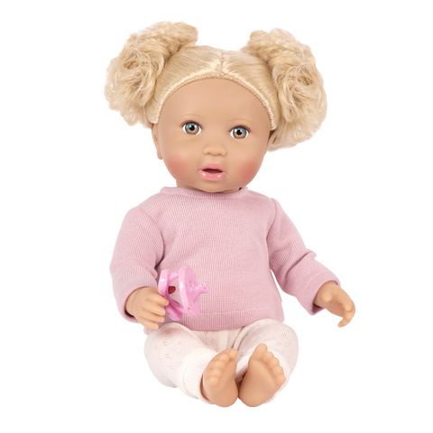 Lullababy 14" doll with blonde hair styled in pigtails, wearing a pink sweater and holding a pink heart toy on a white background.