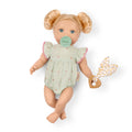 Lullababy doll with blonde hair, pacifier, and romper on a white background