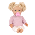 Lullababy 14" doll with blonde hair, pink sweater, and pacifier on a white background