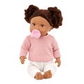 Lullababy 14" doll with pink sweater and white pants on a white background