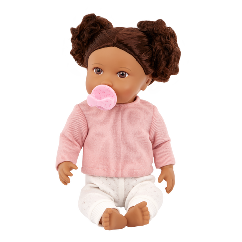Lullababy 14" doll with pink sweater and white pants on a white background
