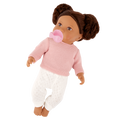 Lullababy 14" Doll wearing a pink sweater and white pants with a pacifier on a white background