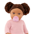 Lullababy 14" doll with brown hair styled in buns, wearing a pink sweater on a white background