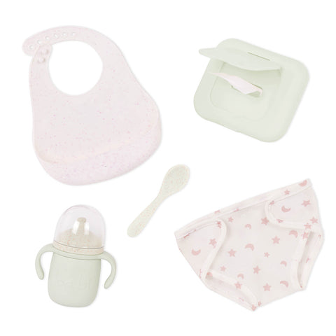Lullababy baby care product set including a bib, bottle, spoon, and hat on a white background