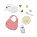 Lulllababy doll toy set with cloud-shaped container, pink bib, and other items on a white background