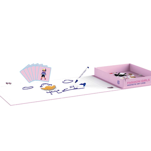 Fashion dolls and outfit magnets arranged on the mierEdu wipe-clean board