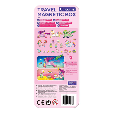 Back of the MIEREDU Travel Magnetic Puzzle - Unicorns box by MIEREDU featuring colorful illustrations of various unicorns and magnetic puzzle pieces to mix and match. Contains text in multiple languages and shows the contents and features of the magnetic box. The background is pink.