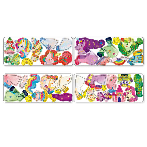 The MIEREDU Travel Magnetic Puzzle - Unicorns by MIEREDU features four vibrant jigsaw puzzles housed in a magnetic box, each celebrating a different enchanting theme. The first puzzle highlights mermaids and unicorns, the second displays fairytale creatures, the third portrays animals, and the fourth showcases a magical castle with tiny characters.
