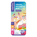 A vibrant rectangular tin box labeled "MIEREDU Travel Magnetic Puzzle - Unicorns." The cover showcases an elaborately designed unicorn, a rainbow, and stars. It features icons indicating "3+ ages," "picture game," and "30+ magnetic puzzle pieces," along with a warning about small parts.
