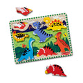 Melissa & Doug Chunky Dinosaur Puzzle board with all seven dinosaur pieces, including the Pterodactyl and Triceratops lifted out beside it