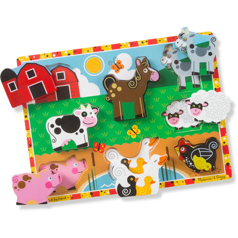 Melissa & Doug Chunky Farm Puzzle with all pieces resting loosely on the board - barn, horse, goat, cow, sheep, pig, ducks and hen with chick
