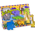 The Melissa & Doug Safari Chunky Puzzle - 8 Pieces is a vibrant, animal-themed wooden puzzle designed for children. The puzzle board showcases a zebra, ostrich, hippo, crocodile, elephant, giraffe, and lion gathered around a small pond. This engaging toy from Melissa & Doug is ideal for developing fine motor skills and includes additional detachable pieces featuring a hippo and a giraffe.