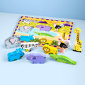The Melissa & Doug Safari Chunky Puzzle - 8 Pieces by Melissa & Doug is a colorful wooden puzzle featuring wild-animal pieces, including a zebra, giraffe, hippopotamus, elephant, crocodile, lion, and ostrich. The animals can be placed in corresponding slots on the board or used as stand-alone figures. It's perfect for developing fine motor skills with a charming savanna background.