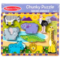 The Melissa & Doug Safari Chunky Puzzle - 8 Pieces features colorful and chunky wooden puzzle pieces shaped like safari animals, including a zebra, ostrich, elephant, hippopotamus, crocodile, giraffe, rhinoceros, and lion. Each piece is separate and fits into a background that depicts a watering hole scene. This puzzle by Melissa & Doug is ideal for children aged 2+ to develop fine motor skills.
