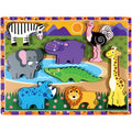 The Melissa & Doug Safari Chunky Puzzle - 8 Pieces is a vibrant wooden puzzle from the popular brand Melissa & Doug. It features wild-animal pieces including a zebra, hippopotamus, ostrich, elephant, crocodile, giraffe, rhinoceros, and lion set against a nature backdrop with a small pond and a bright sun. This puzzle is perfect for enhancing fine motor skills in young children.