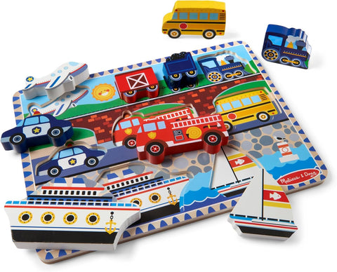 Melissa & Doug Chunky Vehicles Puzzle with several pieces lifted out, including the aeroplane, school bus, police car and train engine, resting beside the board