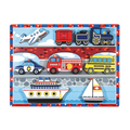 Melissa & Doug Chunky Vehicles Puzzle board with all nine pieces in place: aeroplane, train engine and two carriages, police car, fire engine, school bus, cruise ship and sailboat