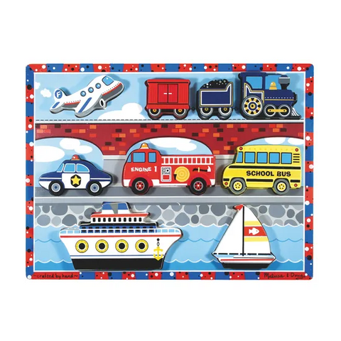 Melissa & Doug Chunky Vehicles Puzzle board with all nine pieces in place: aeroplane, train engine and two carriages, police car, fire engine, school bus, cruise ship and sailboat
