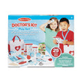 Image of a Melissa & Doug Get Well Doctor's Kit Play Set packaging, showing two children engaging in pretend play as doctors. The kids' play set includes 25 realistic doctor's instruments. Text on the packaging is in English, French, and Spanish, suitable for ages 3 and up.