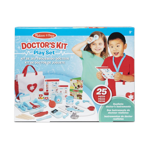 Image of a Melissa & Doug Get Well Doctor's Kit Play Set packaging, showing two children engaging in pretend play as doctors. The kids' play set includes 25 realistic doctor's instruments. Text on the packaging is in English, French, and Spanish, suitable for ages 3 and up.