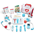 The Melissa & Doug Get Well Doctor's Kit Play Set by Melissa & Doug includes an array of toy medical tools and accessories such as a stethoscope, thermometer, reflex hammer, syringe, scissors, bandage, otoscope, tongue depressors, medicine bottles, an ID badge and a medical bag with a heart emblem. Perfect for pretend play!