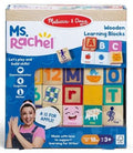Melissa & Doug Ms. Rachel Wooden Learning Blocks packaging with colorful blocks and branding.
