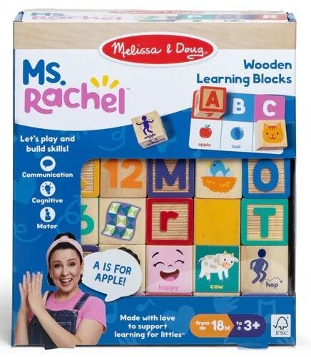 Melissa & Doug Ms. Rachel Wooden Learning Blocks packaging with colorful blocks and branding.