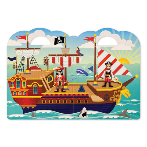 Illustrated scene of a pirate ship at sea with two pirates onboard. The ship, adorned with red and yellow details, cannons, and a skull-and-crossbones flag, features reusable puffy pirate stickers from the Melissa & Doug Puffy Sticker Play Set - Pirate for creative expression. A parrot is perched on the sails while a shark fin breaks the ocean below a clear sky with a few clouds.