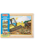 Melissa & Doug Construction Puzzles in a Box packaging, showing the excavator puzzle assembled in its wooden case with previews of the cement mixer, bulldozer and dump truck puzzles
