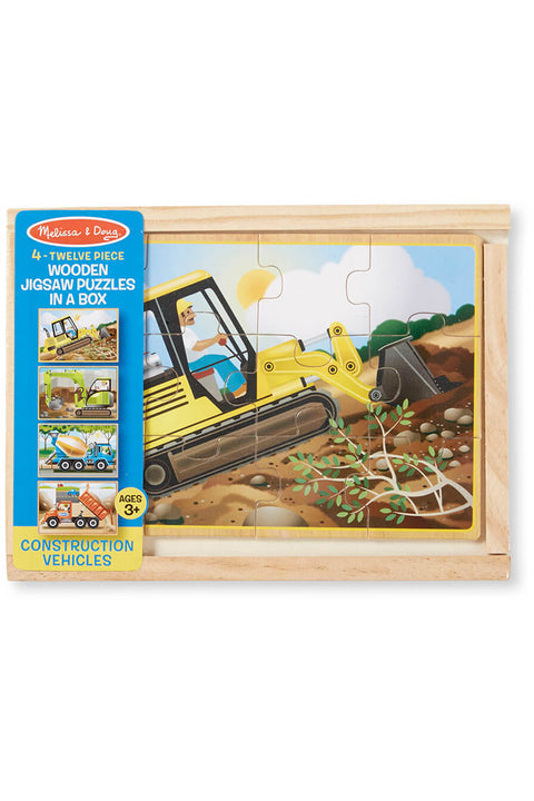 Melissa & Doug Construction Puzzles in a Box packaging, showing the excavator puzzle assembled in its wooden case with previews of the cement mixer, bulldozer and dump truck puzzles