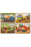 The four Melissa & Doug Construction Puzzles assembled in their wooden tray: cement mixer, bulldozer, excavator and dump truck, each a 12-piece jigsaw