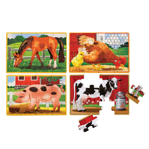 The four Melissa & Doug Farm Puzzles laid out separately: horse, hen with chick, pig, and cow, each a 12-piece wooden jigsaw