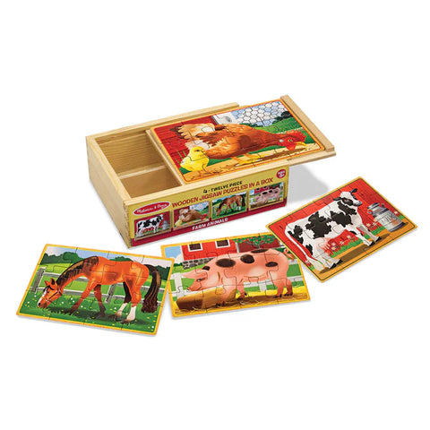 Melissa & Doug Farm Puzzles in a Box with the wooden case and the horse, pig and cow puzzles laid out beside it