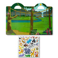 An open Melissa & Doug Puffy Sticker Play Set - Safari children's book with handles, showcasing a colorful forest scene with a river and distant waterfall. Below the book is a sheet of puffy stickers featuring various animals, including elephants, lions, zebras, and butterflies for an engaging safari adventure.