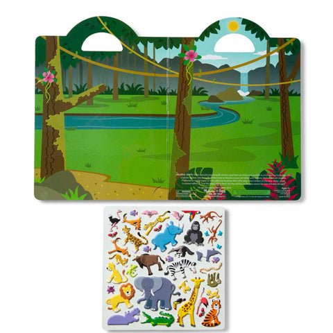 An open Melissa & Doug Puffy Sticker Play Set - Safari children's book with handles, showcasing a colorful forest scene with a river and distant waterfall. Below the book is a sheet of puffy stickers featuring various animals, including elephants, lions, zebras, and butterflies for an engaging safari adventure.