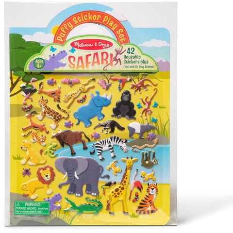 The image shows a "Melissa & Doug Puffy Sticker Play Set - Safari." The set includes 42 colorful, reusable puffy stickers of various safari animals such as elephants, giraffes, lions, and more. Perfect for children aged 4 and up, this playset offers endless imaginative fun.