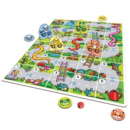 Orchard Toys My First Snakes & Ladders is a vibrant board game from Orchard Toys that features numbered tiles connected by snakes and ladders. The board is beautifully illustrated with animals and nature elements, making it ideal for younger players. Traditional gameplay utilizes adorable animal tokens and a die scattered around the board.