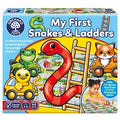 Box cover of "Orchard Toys My First Snakes & Ladders" by Orchard Toys, showcasing a vibrant game board adorned with cartoon characters like a green snake, frog, duck, and fox. Ideal for children aged 3-6, the game supports 2-4 players and features large jigsaw boards with chunky 3D pieces, combining classic gameplay with engaging fun.