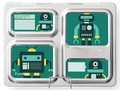 A stainless steel lunchbox with compartments, featuring a robot-themed design and customizable CAMELBAK PlanetBox Launch magnet. The compartments display illustrations of robots with green grid backgrounds and text areas, including "THIS PLANETBOX BELONGS TO:" for personalization. The PlanetBox logo is seen in the corner.